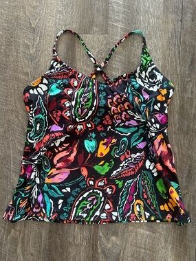 Anne Cole Black Multicolor Floral Print Strappy Cami Tankini Swim Top